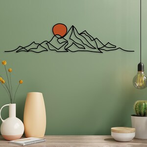 Minimalist Mountain Wall Art, Modern Boho Metal Wall Decor, Large Mountain Range, Gold Sun Black Mountain Above Bed Decor, Mid-Century Art image 7