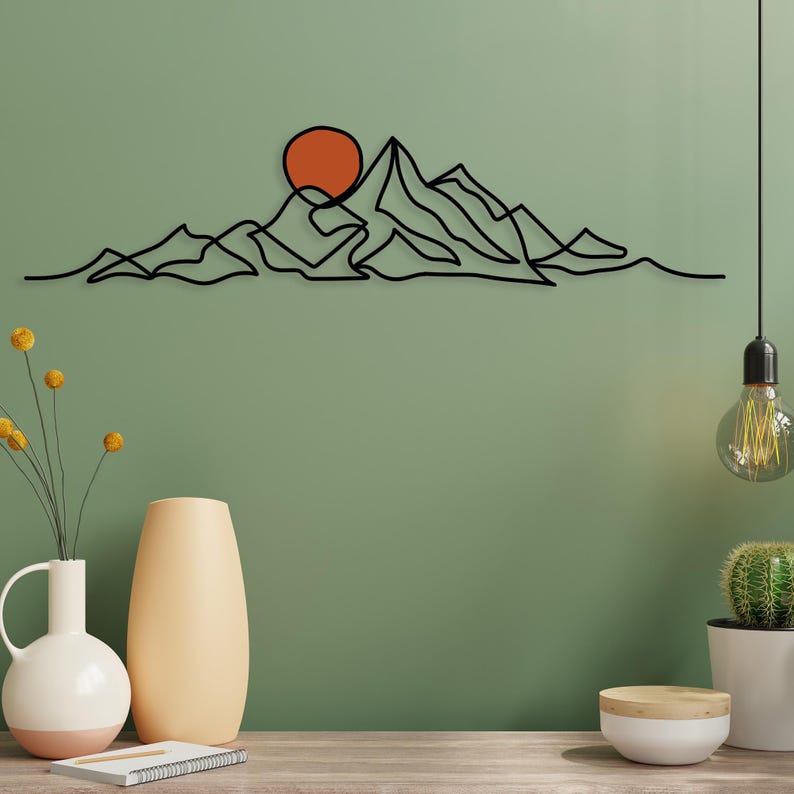 Minimalist Mountain Wall Art, Modern Boho Metal Wall Decor, Large Mountain Range, Gold Sun Black Mountain Above Bed Decor, Mid-Century Art image 7