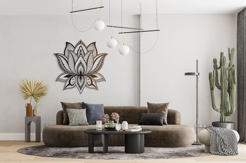 Grande decorazione da parete in metallo con mandala e fiore di loto, decorazione da parete in metallo con fiore di loto, arte yoga, decorazione da parete per la camera da letto, decorazione sopra il letto, regalo di inaugurazione della casa immagine 6