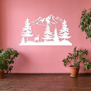 Mountain and Forest with Deer Metal Wall Decor, Hill and Trees Large Wall Art, Nature and Forest Decor, Outdoor Lover Gift, Home Decoration White