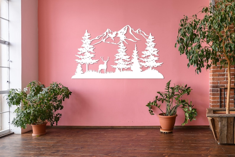Mountain and Forest with Deer Metal Wall Decor, Hill and Trees Large Wall Art, Nature and Forest Decor, Outdoor Lover Gift, Home Decoration White