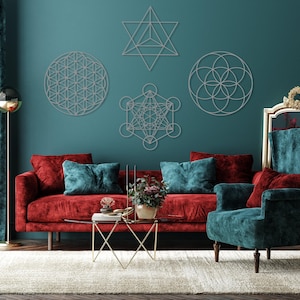 Sacred Geometry Metal Wall Art Set of 4, Home Meditation Metal Yoga Wall Decor, Zen Metal Home Decor, Flower of Life, Metatron Cube Wall Art Silver