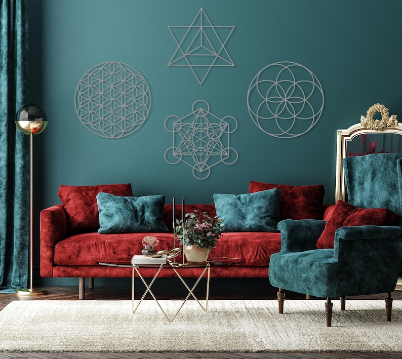 Sacred Geometry Metal Wall Art Set of 4, Home Meditation Metal Yoga Wall Decor, Zen Metal Home Decor, Flower of Life, Metatron Cube Wall Art Silver