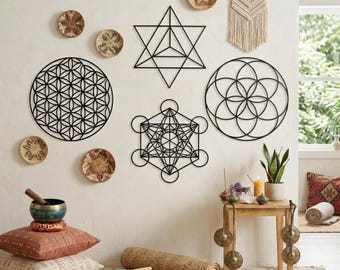 Sacred Geometry Metal Wall Art Set of 4, Home Meditation Metal Yoga Wall Decor, Zen Metal Home Decor, Flower of Life, Metatron Cube Wall Art