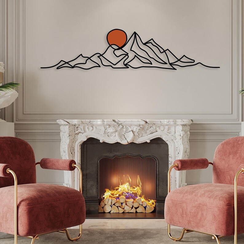 Minimalist Mountain Wall Art, Modern Boho Metal Wall Decor, Large Mountain Range, Gold Sun Black Mountain Above Bed Decor, Mid-Century Art image 11