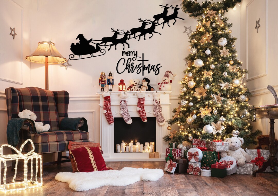 Decoración navideña de pared con Papá Noel y ciervo, letrero de