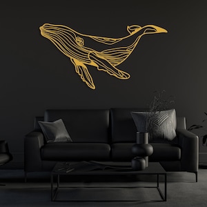 Large metal whale wall accent for modern living spaces