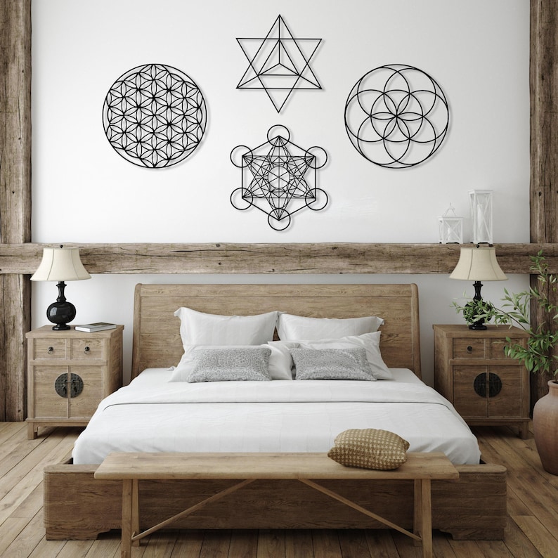 Sacred Geometry Metal Wall Art Set of 4, Home Meditation Metal Yoga Wall Decor, Zen Metal Home Decor, Flower of Life, Metatron Cube Wall Art image 8