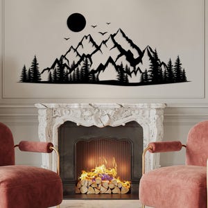 Black metal mountain forest wall art with modern nature design