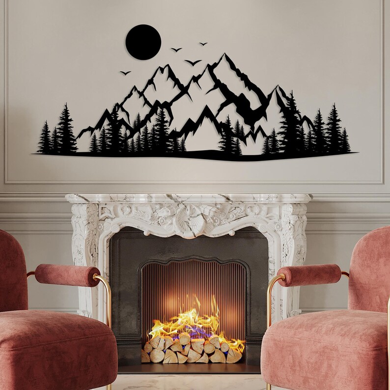 Black metal mountain forest wall art with modern nature design