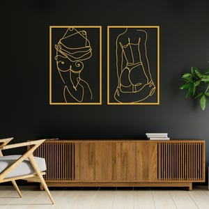 Conjunto de 2 cuadros de metal con cuerpos femeninos desnudos, decoración de pared minimalista con figuras femeninas desnudas, regalo ideal, arte de pared con desnudo femenino, decoración para dormitorio. Gold
