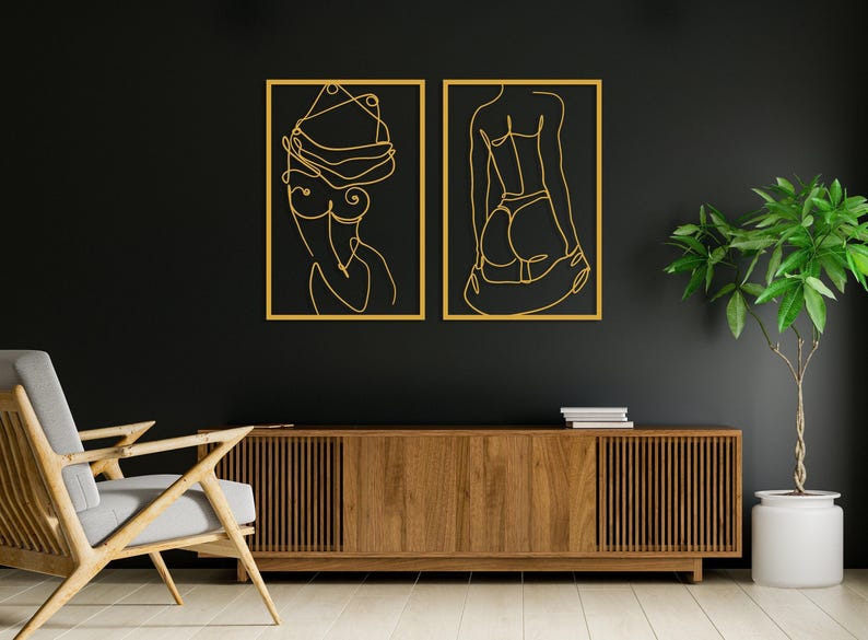 Conjunto de 2 cuadros de metal con cuerpos femeninos desnudos, decoración de pared minimalista con figuras femeninas desnudas, regalo ideal, arte de pared con desnudo femenino, decoración para dormitorio. Gold
