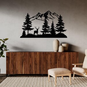 Mountain and Forest with Deer Metal Wall Decor, Hill and Trees Large Wall Art, Nature and Forest Decor, Outdoor Lover Gift, Home Decoration image 5