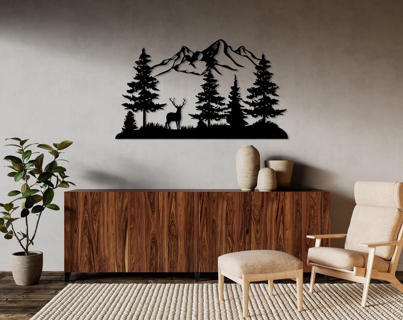 Mountain and Forest with Deer Metal Wall Decor, Hill and Trees Large Wall Art, Nature and Forest Decor, Outdoor Lover Gift, Home Decoration image 5