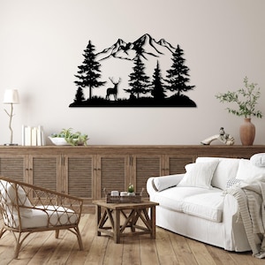 Mountain and Forest with Deer Metal Wall Decor, Hill and Trees Large Wall Art, Nature and Forest Decor, Outdoor Lover Gift, Home Decoration Black