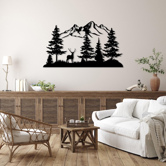 Mountain and Forest with Deer Metal Wall Decor, Hill and Trees Large Wall Art, Nature and Forest Decor, Outdoor Lover Gift, Home Decoration