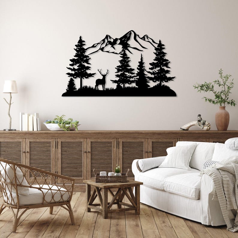 Mountain and Forest with Deer Metal Wall Decor, Hill and Trees Large Wall Art, Nature and Forest Decor, Outdoor Lover Gift, Home Decoration Black