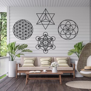 Sacred Geometry Metal Wall Art Set of 4, Home Meditation Metal Yoga Wall Decor, Zen Metal Home Decor, Flower of Life, Metatron Cube Wall Art image 5
