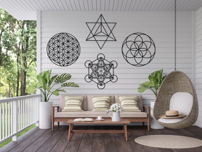 Sacred Geometry Metal Wall Art Set of 4, Home Meditation Metal Yoga Wall Decor, Zen Metal Home Decor, Flower of Life, Metatron Cube Wall Art image 5
