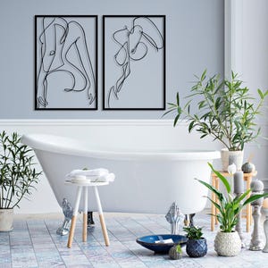 Naked Woman Body Wall Art Set of 2, Metal Bathroom Wall Decor, Minimalist Female Body Bedroom Decor, Feminine One Line Art, Above Bed Decor image 3