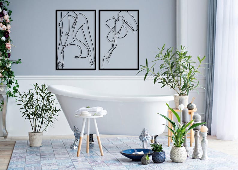 Naked Woman Body Wall Art Set of 2, Metal Bathroom Wall Decor, Minimalist Female Body Bedroom Decor, Feminine One Line Art, Above Bed Decor image 3
