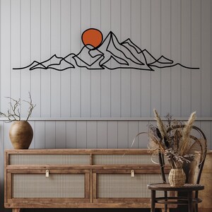 Minimalist Mountain Wall Art, Modern Boho Metal Wall Decor, Large Mountain Range, Gold Sun Black Mountain Above Bed Decor, Mid-Century Art image 5