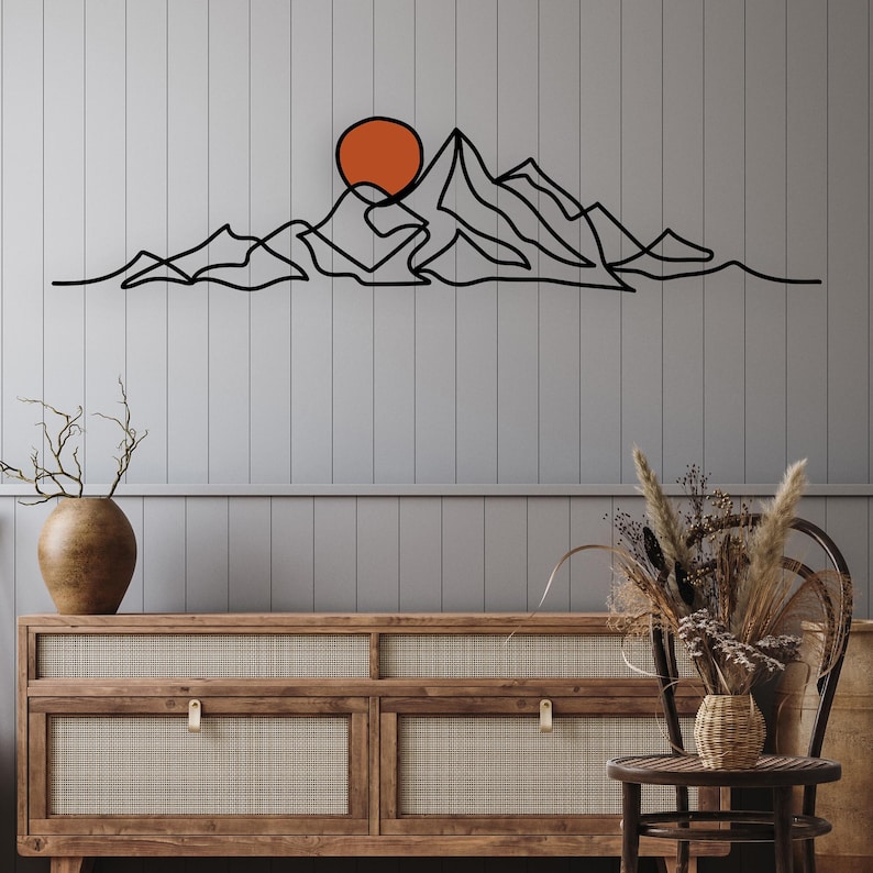 Minimalist Mountain Wall Art, Modern Boho Metal Wall Decor, Large Mountain Range, Gold Sun Black Mountain Above Bed Decor, Mid-Century Art image 5