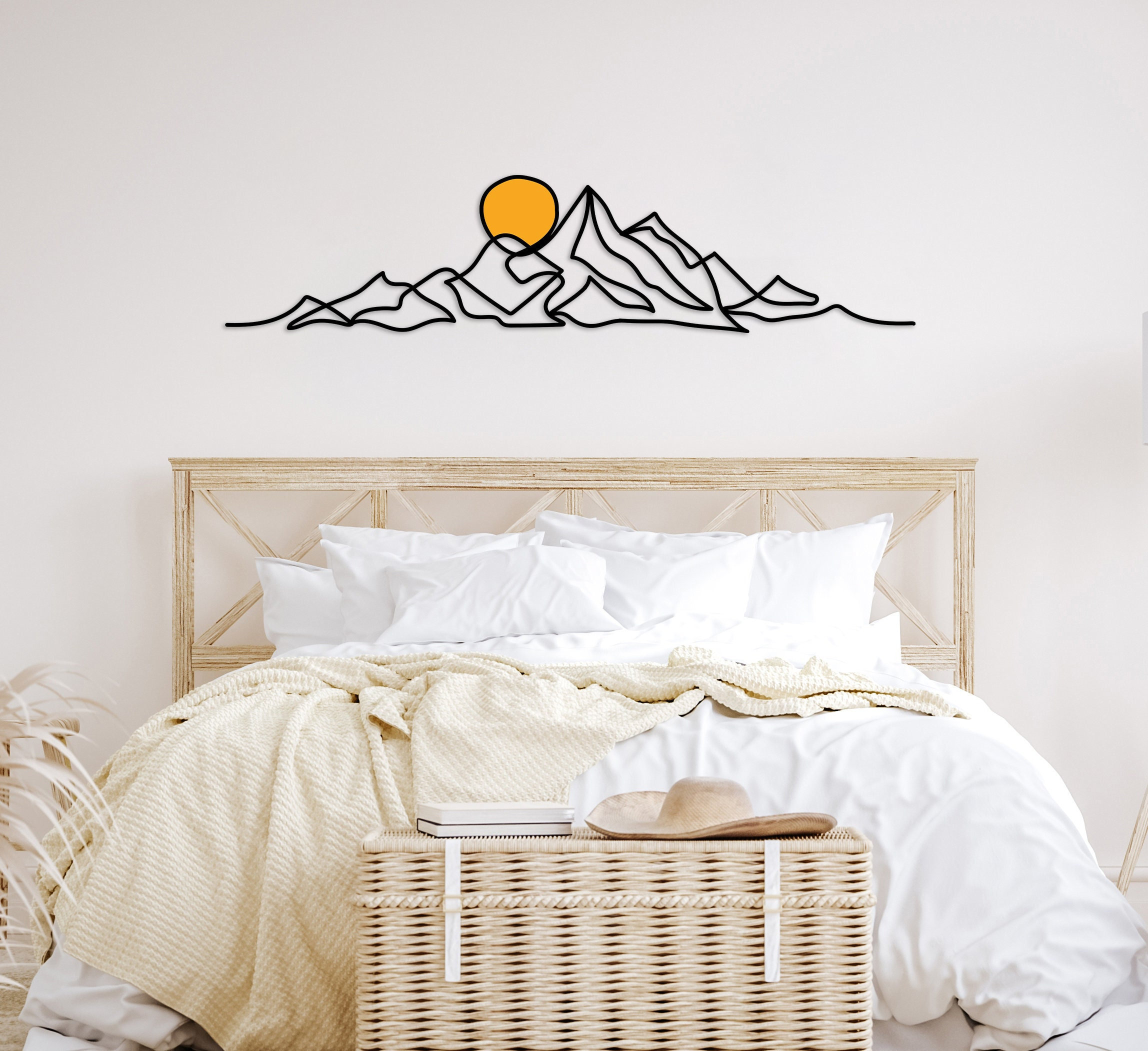 Minimalist Mountain Wall Art, Modern Boho Metal Wall Decor, Large Mountain Range, Gold Sun Black Mountain Above Bed Decor, Mid-Century Art