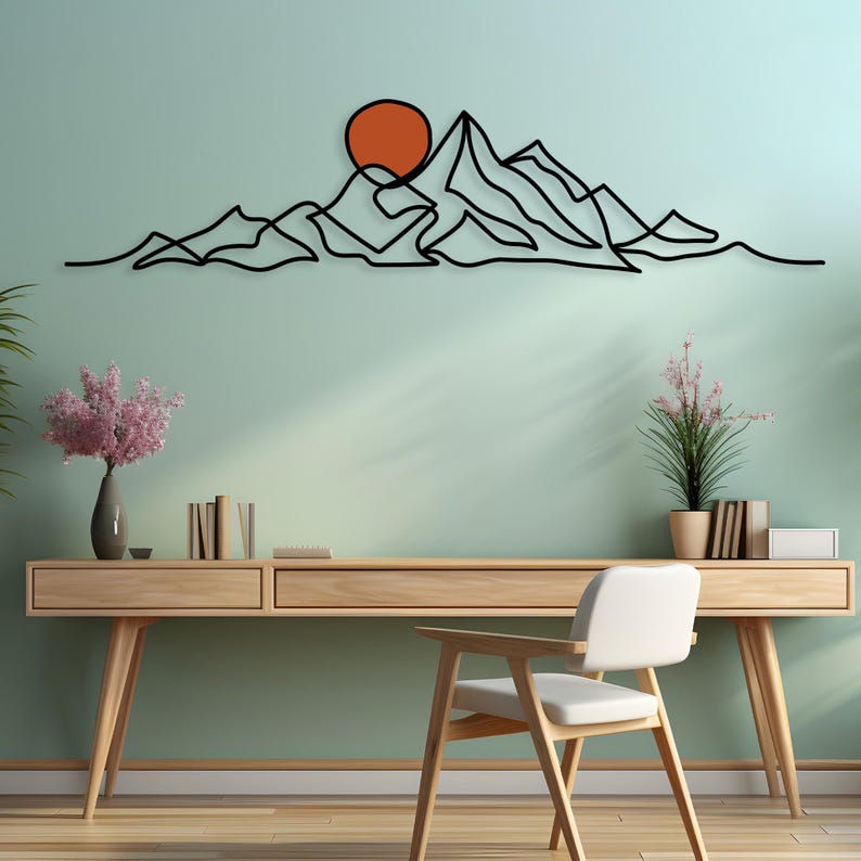 Minimalist Mountain Wall Art, Modern Boho Metal Wall Decor, Large Mountain Range, Gold Sun Black Mountain Above Bed Decor, Mid-Century Art image 8