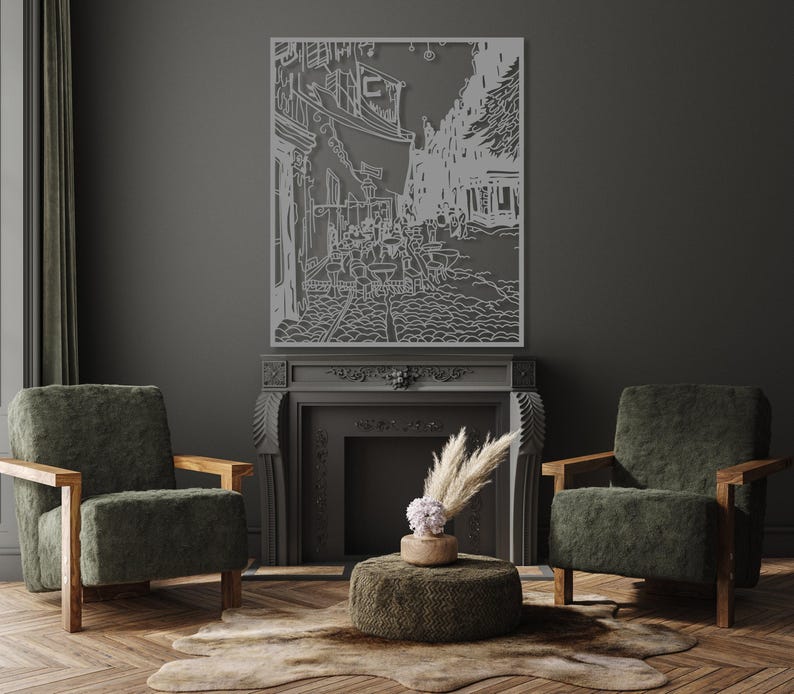 Cafe Terrace at Night Large Metal Wall Art, Van Gogh Wall Decor Artwork, Modern Living Room Wall Art, Unique Above Bed Decor, Art Lover Gift Silver