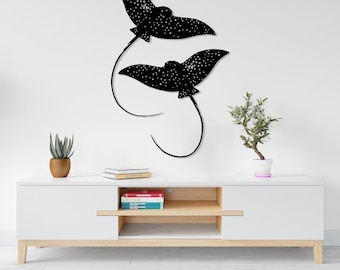 Conjunto de 2 peças de arte de parede em metal com arraias, arte para amantes da praia, decoração de parede com arraia, decoração oceânica, decoração para casa com tema praiano, arte de arraia manta, presente náutico costeiro