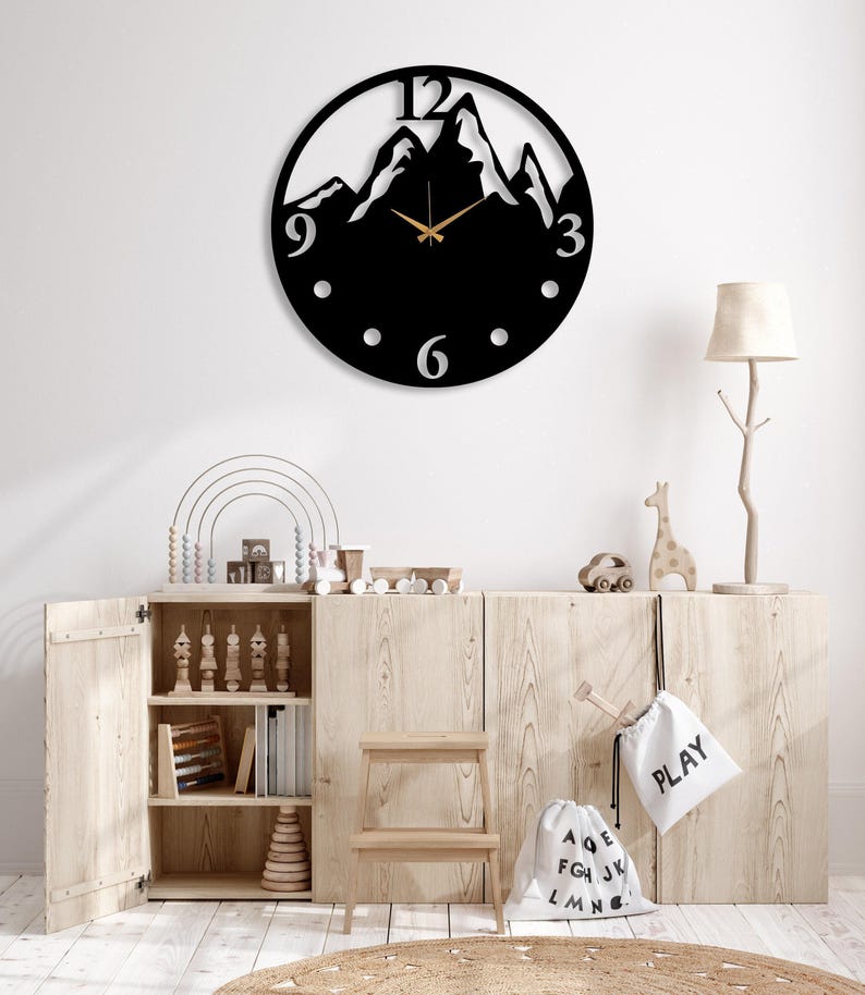 Black Mountain View Large Wall Clock, Modern Design Silent Wall Clock, Unique Home Decor Art, Farmhouse Wall Clock, Wanduhr, Horloge Murale imagen 2