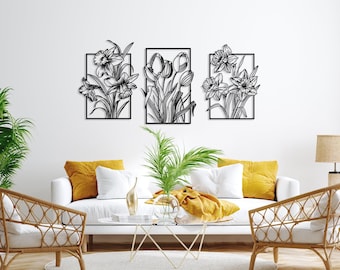 Tulip Flower Metal Wall Decor Set of 3, Spring Flower Boho Home Decor, Minimalist Kitchen Flowers Decor, Flower Gift for Her,Above Bed Decor