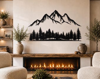 Mountain Forest Metal Wall Decor, Yard Mountain Range View, Outdoor Nature and Forest Decorations, Wildlife Lover Gift,Large Hill Tree Decor