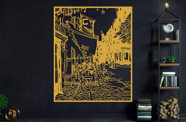 Cafe Terrace at Night Large Metal Wall Art, Van Gogh Wall Decor Artwork, Modern Living Room Wall Art, Unique Above Bed Decor, Art Lover Gift Gold