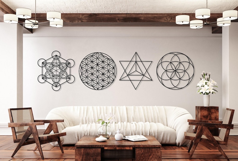 Sacred Geometry Metal Wall Art Set of 4, Home Meditation Metal Yoga Wall Decor, Zen Metal Home Decor, Flower of Life, Metatron Cube Wall Art image 7