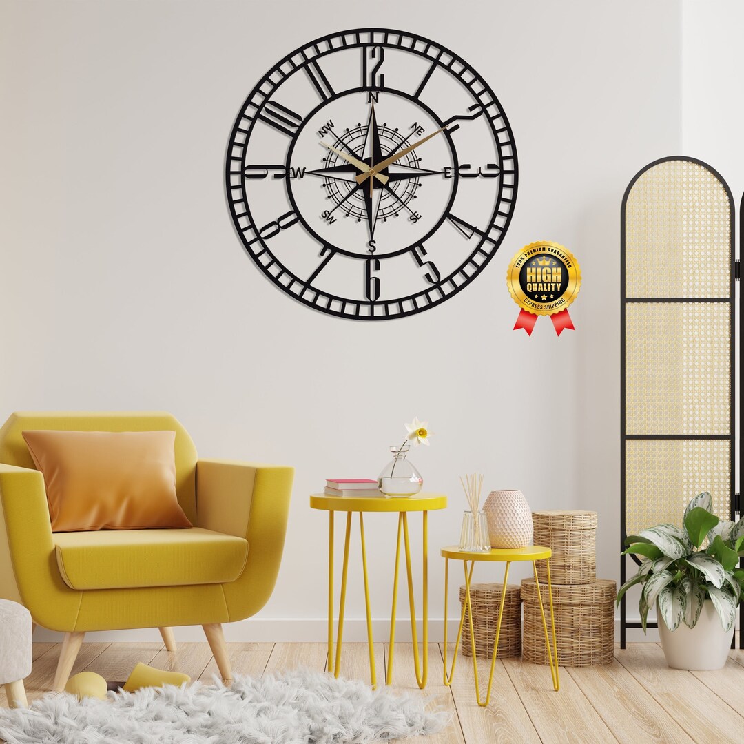Black Compass Metal Large Wall Clock, Modern Oversize Silent Wall Clock ...