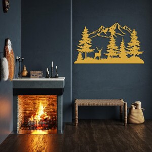 Mountain and Forest with Deer Metal Wall Decor, Hill and Trees Large Wall Art, Nature and Forest Decor, Outdoor Lover Gift, Home Decoration Gold