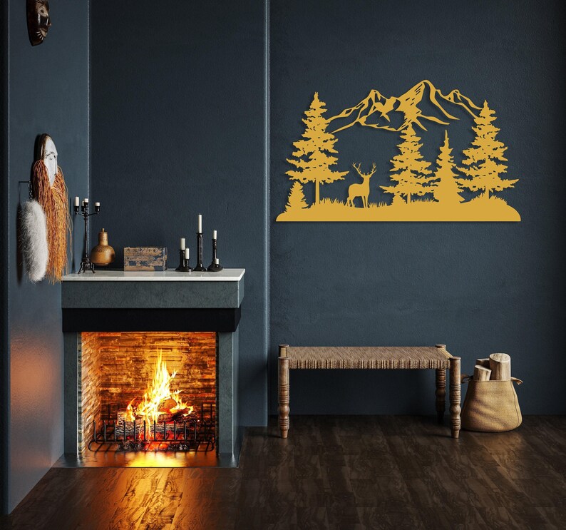 Mountain and Forest with Deer Metal Wall Decor, Hill and Trees Large Wall Art, Nature and Forest Decor, Outdoor Lover Gift, Home Decoration Gold