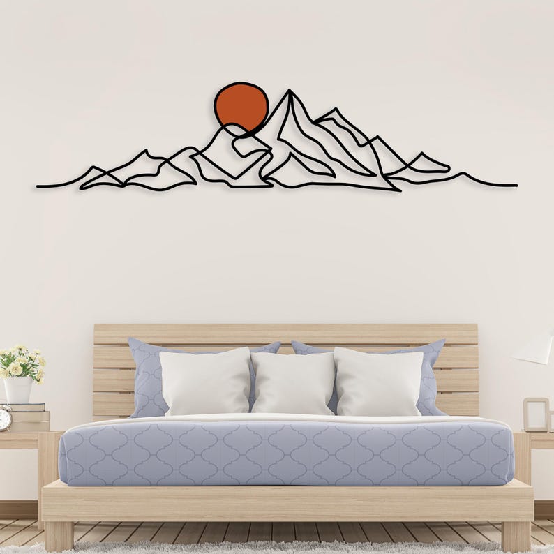 Minimalist Mountain Wall Art, Modern Boho Metal Wall Decor, Large Mountain Range, Gold Sun Black Mountain Above Bed Decor, Mid-Century Art image 1