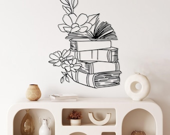 Arte mural metálico con temática de libros, decoración de libros de lectura, libro metálico de una sola línea, decoración de pared para biblioteca, regalo para amantes de los libros, libro con flores, decoración para sala de lectura