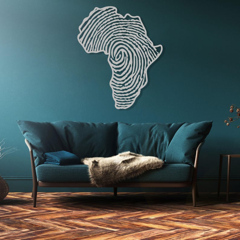Metalen kaart Afrika vingerafdruk kunst aan de muur, Afrikaanse kunst en ambacht, cadeau voor haar, Afrikaanse wereldkaart, vingerafdrukbord, decor van de boerderij, cadeau voor hem Silver