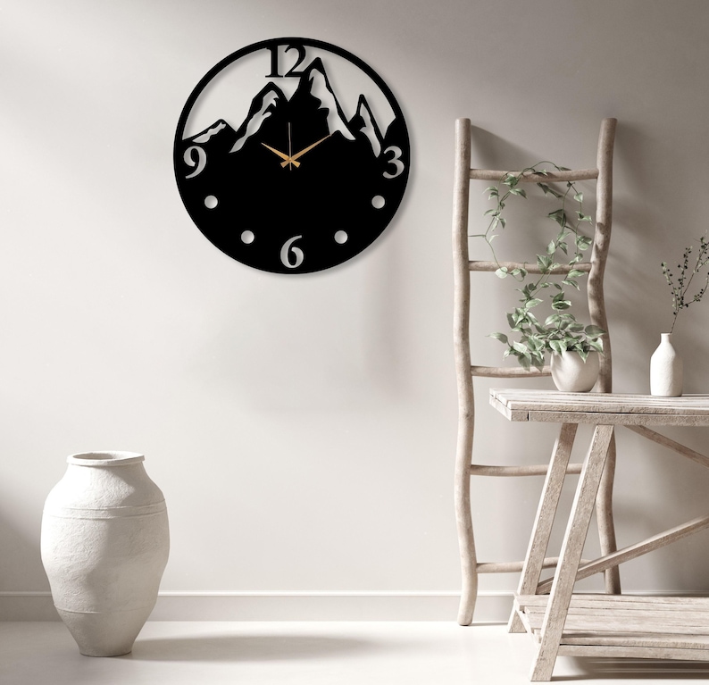 Black Mountain View Large Wall Clock, Modern Design Silent Wall Clock, Unique Home Decor Art, Farmhouse Wall Clock, Wanduhr, Horloge Murale imagen 6
