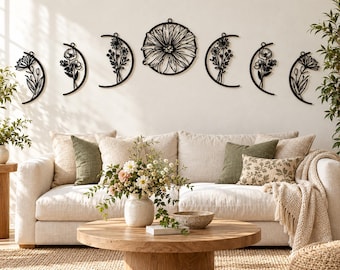 Dekoracja ścienna z motywem fazy księżyca, metalowa sztuka ścienna z fazą księżyca, wystrój wnętrz w stylu boho, dekoracja nad łóżko, dekoracja ścienna do sypialni z motywem księżyca, prezent na parapetówkę