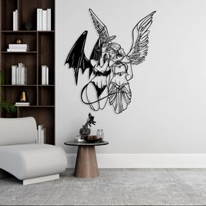 Engel en duivel metalen muurkunst, engel en duivel minnaar cadeau, boven bed decor, minimalistisch interieur, engelenvleugels kunst, grote metalen wanddecoratie