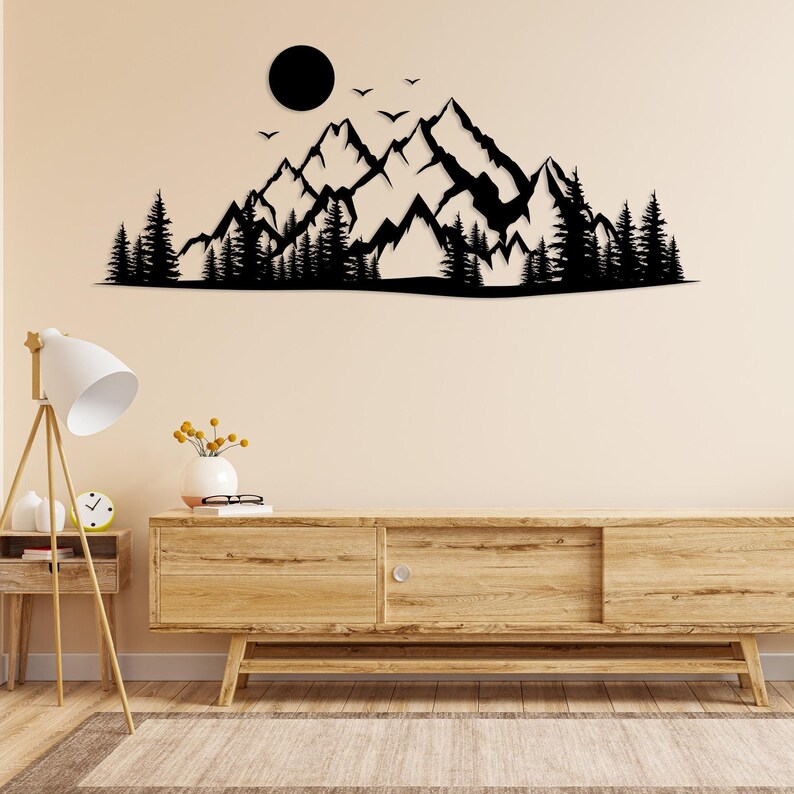 Modern mountain forest metal wall hanging for living room