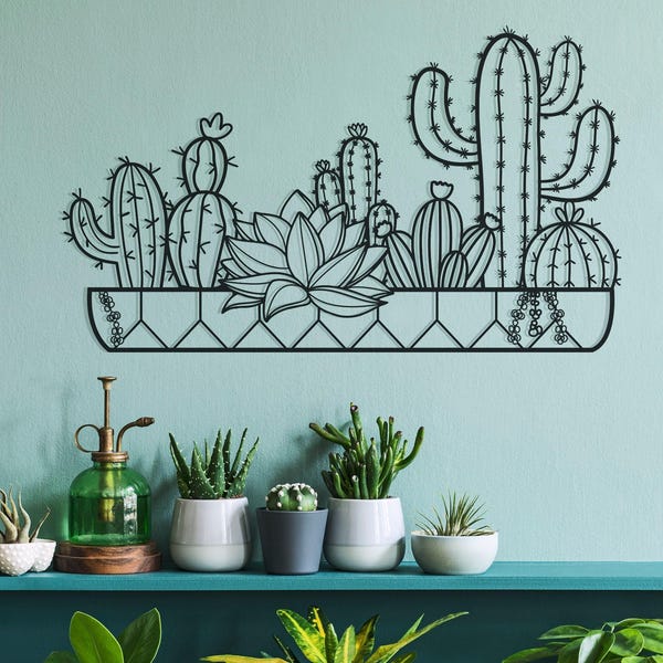 Decoración de pared de metal con cactus, arte de pared de metal grande, letrero de cactus, decoración de sala de estar, tapices, regalo de inauguración de la casa