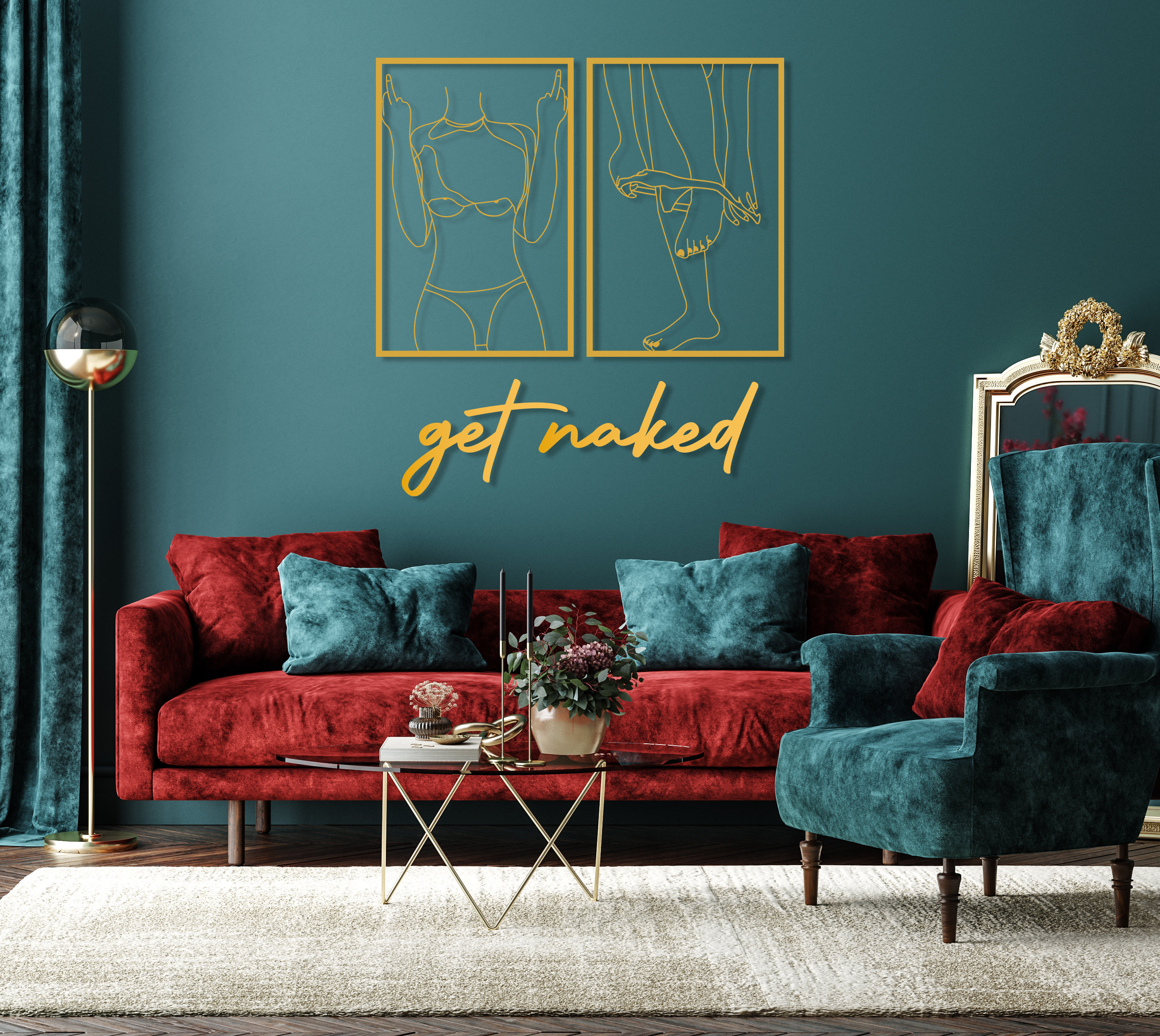 Naked Female Body Metal Wall Art Set of 2, Naked Woman Body Wall Decor, Nude Women Body Wall Art, Gold Metal Line Art, Above Bed Wall Decor
