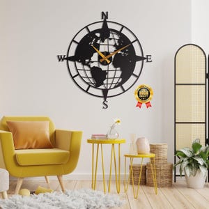 Black Large Wall Clock,Black World Map Silent Wall Clock,Unique Home Decor, Design Wall Clock Art ,Horloge Murale,Wanduhr ,Housewarming Gift