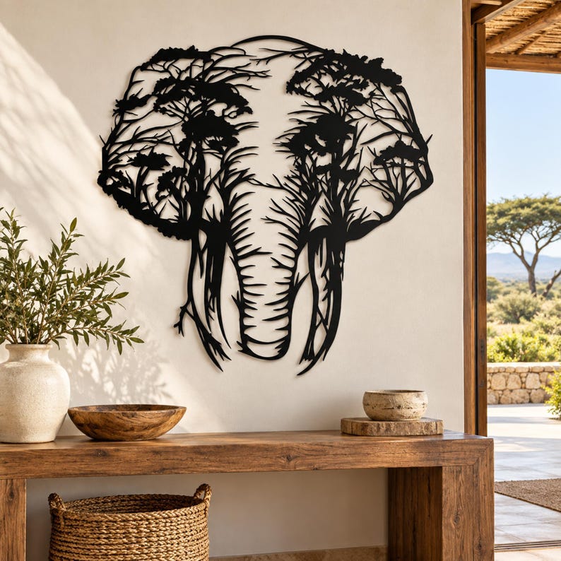 Elephant Tree Metal Wall Art, Safari Animals Wall Decor, Africa Wall Art, Livingroom Wall Hanging, Outdoor Metal Wall Art,Wildife Lover Gift Black